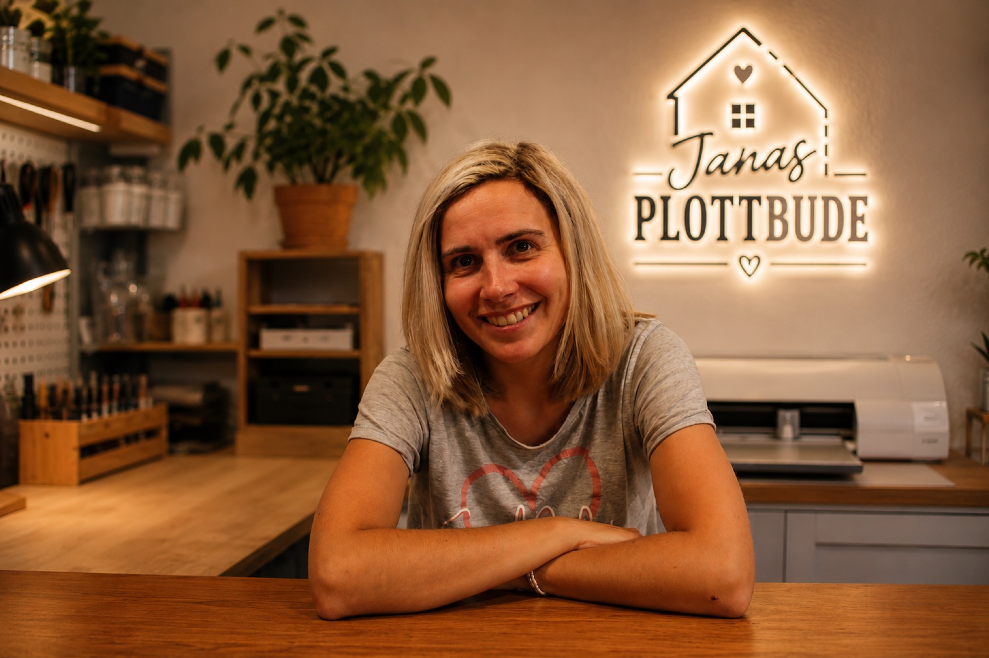 Jana in ihrer Plottbude Werkstatt