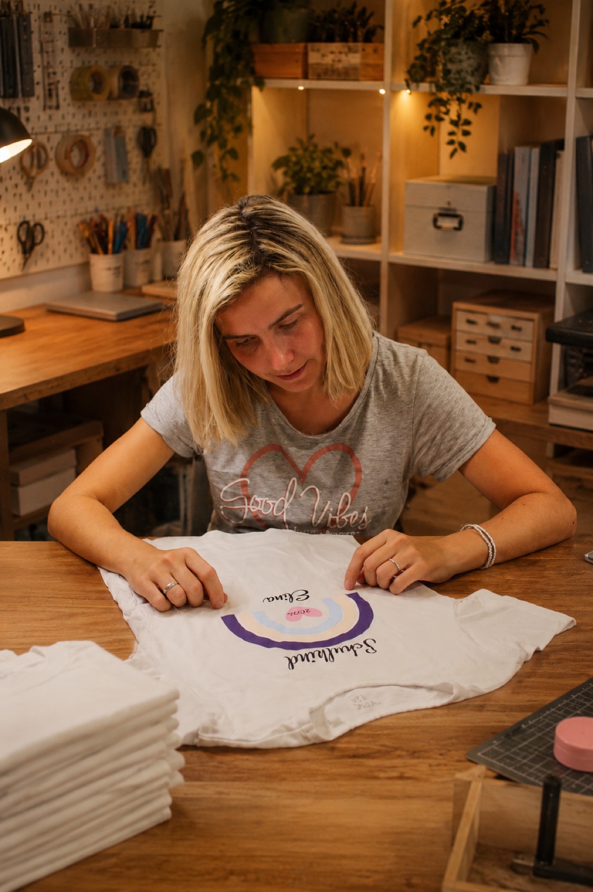 Jana kontrolliert ein personalisiertes Shirt